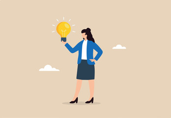 Flat illustration of confident businesswoman holding glowing light bulb in hand to represent creative business idea and innovation leadership