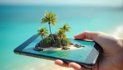 Hand holds phone with tropical island. Vacation concept shows sandy beach with palm trees. Idea of online booking travel or tourism in modern mobile device. Dream destination, exotic nature.