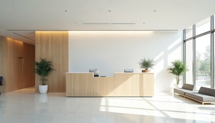 Bright hospital reception area minimalist design with light wood desk, potted plants. Comfortable seating offers welcoming space within modern clinic interior. Clean lines, natural light create pro