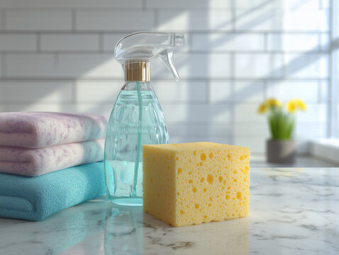 Bright bathroom scene with sponge, spray bottle, and folded towels on a countertop, hyper-realistic cleanliness concept