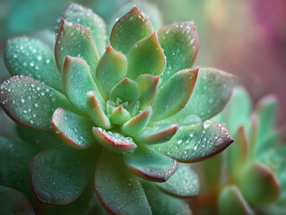Fototapeta premium Close-up macro shot of a green echeveria succulent with dewdrops on leaves, soft bokeh background