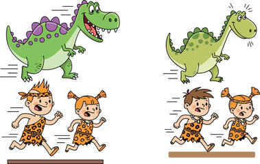 children, dinosaur, chase, running, prehistoric, caveman, adventure, danger, story, cartoon, illustration, vector, design, creative, element, imagination, play, fun, fear, concept