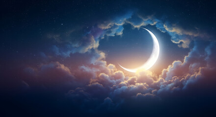 Backdrop for Ramadan Kareem Celebration Banner with Mosque Silhouette under Crescent Moon and Clouds in a Photorealistic High-Resolution Night Sky