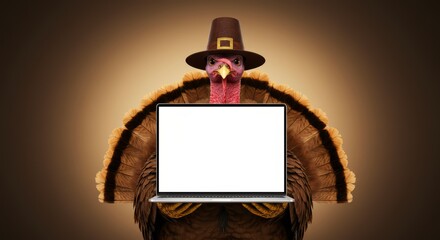 Thanksgiving Turkey Holding a Blank Screen Laptop , Template, Thanksgiving Mockup  