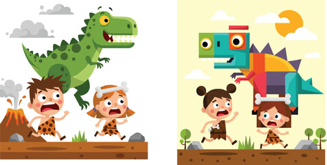 children, dinosaur, robot, prehistoric, fantasy, adventure, volcano, chase, running, story, cartoon, illustration, vector, design, creative, element, imagination, play, danger, concept