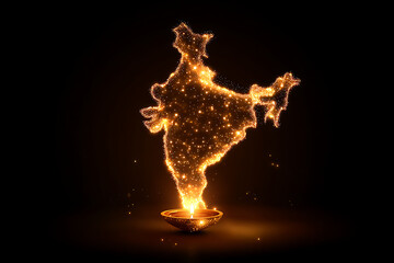 Glowing outline of India emerging from a traditional oil lamp  Creative concept of diya flame forming the shape