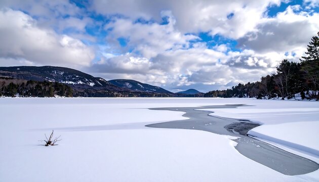 A serene winter scene with a snow-covered lake, a partially open waterway, trees on the banks, and mountains under a cloudy blue sky