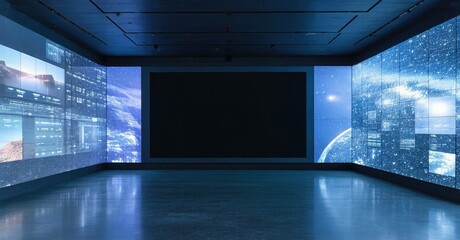 Large frameless flat screen off dark panel in interactive installation room