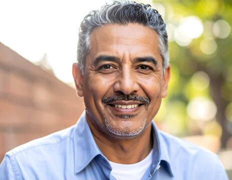A smiling middle-aged man with salt-and-pepper hair and a mustache looks directly at the camera. He wears a blue shirt - Powered by Adobe