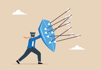 Strong businessman with armor and shield to defend against incoming arrows, illustrating protection from threats. Concept of safeguarding against security attacks, business risks, or potential dangers