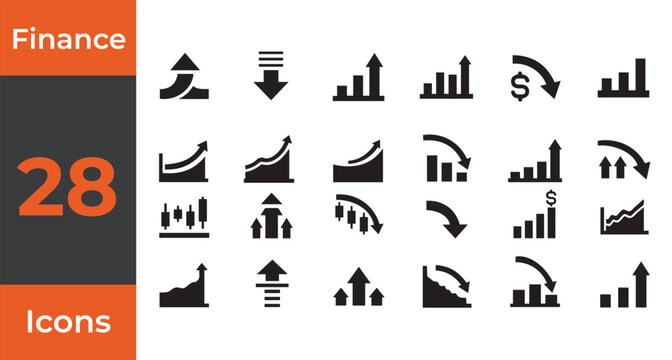 Collection of finance icons representing growth decline and market trends