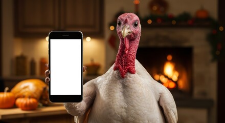 Thanksgiving Sale Turkey Holding a Blank Smartphone in Decorated background, Sale, 