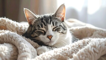Naklejka premium A tabby cat, eyes closed, nestled in a soft, cream-colored blanket. Warm sunlight gently illuminates the scene, casting soft shadows