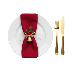 Elegant christmas dinner setting with festive red napkin and golden cutlery on white plate