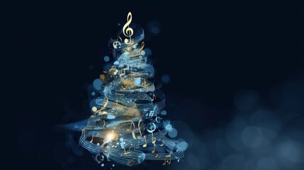 Musical Christmas tree design created with notes and blue sparkling effects for holiday celebrations and festivities
