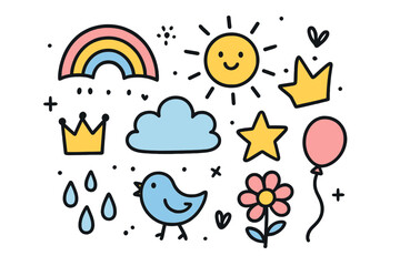Colorful Doodle Icons. Rainbow doodle icon set: hand drawn icons of rainbow with smile, sun, cloud, crown, star, balloon,
