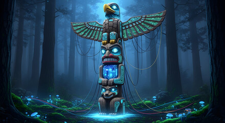 Futuristic totem pole in a misty forest with glowing circuits.