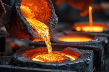Molten metal pouring into molds at a foundry during a bright workday
