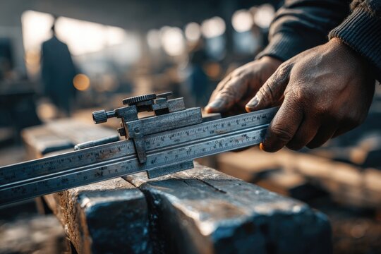 Skilled worker measuring metal with calipers in industrial workshop during morning hours