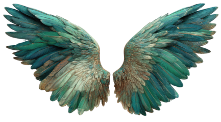 Pair of vibrant teal and gold angel wings