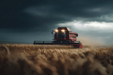 Fototapeta premium Red agricultural harvester working in golden wheat field under dramatic stormy sky, capturing the essence of modern farming and the power of machinery in challenging weather conditions