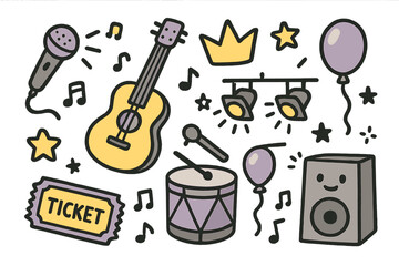 Obraz premium Concert Doodle Icons. Concert doodle icon set: hand drawn icons of microphone, guitar, drum, crown, star, balloon, stage lights,