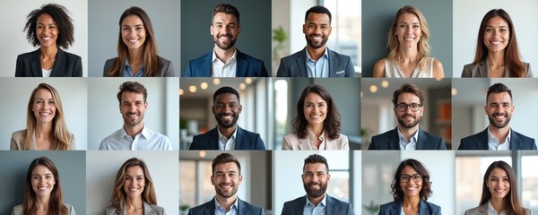 Diverse team members corporate portrait grid. Smiling men and women of different races and ages pose for a group shot. Professionals look happy and confident in business attire.