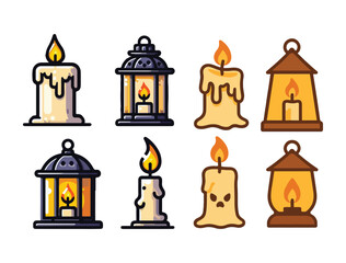 Spooky Night Candle and Lantern Illustration Set in Cartoon Style
