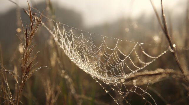 Dew covered spider web glimmering in morning light on grassy landscape - Powered by Adobe