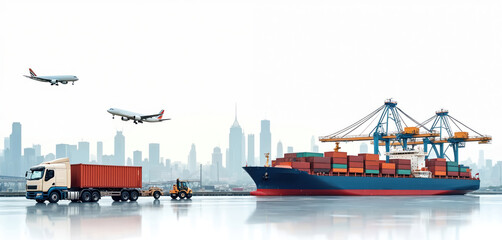 Obraz premium Modern global logistics combine ship, truck, and plane transport. Cargo containers load at busy port near city skyline. International freight operations flow seamlessly.