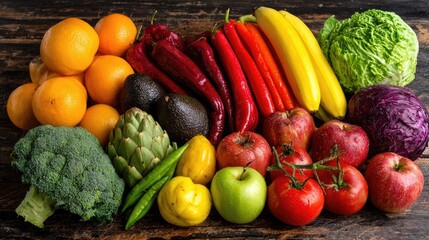 Fresh assortment of colorful fruits and vegetables on a rustic wooden surface