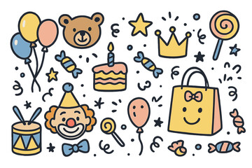 Naklejka premium Kids Party Doodles. Kids party doodle icon set: hand drawn icons of balloons, toys, cake, crown, star, balloon, candy, clown, and
