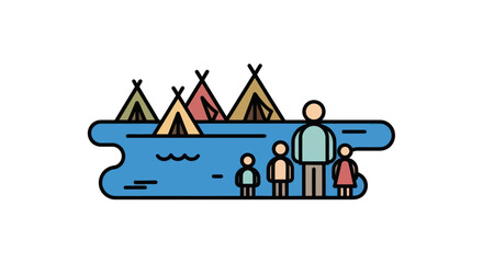 Family camping by a serene lake with teepee tents. © Lidot