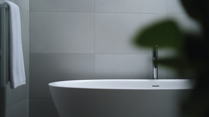 Minimalist bathroom featuring a modern tub, sleek faucet, and a serene ambiance. Clean lines and soft lighting create a spa-like experience.