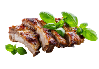 Sliced grilled ribs, glistening with a brown glaze,  and fresh basil leaves