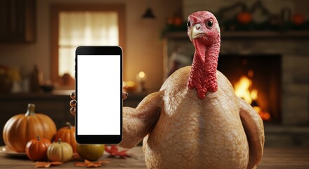 Thanksgiving Sale Turkey Holding a Blank Smartphone in Decorated background, Sale, 