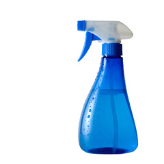 A blue plastic spray bottle with a white nozzle, against a black background