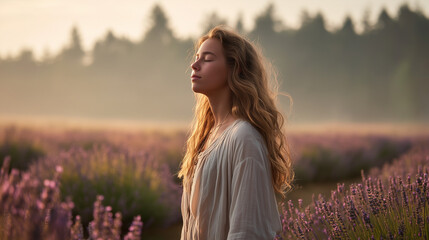 A young woman meditating peacefully in a vibrant lavender field at sunrise, embracing tranquility and nature's calm. Soft light illuminates her serene expression.