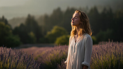 A relaxed young woman finding solace and joy in a sun-kissed lavender field. This tranquil portrait embodies a mindful lifestyle, self-care, and connection to nature.