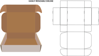 Corrugated mailer box or roll end shipping box dieline template and 3D render file