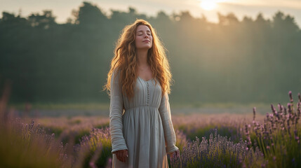 Beautiful woman with eyes closed, enjoying the fresh air and floral scent in a blooming lavender field. A scene of wellness, natural beauty, and peaceful reflection.