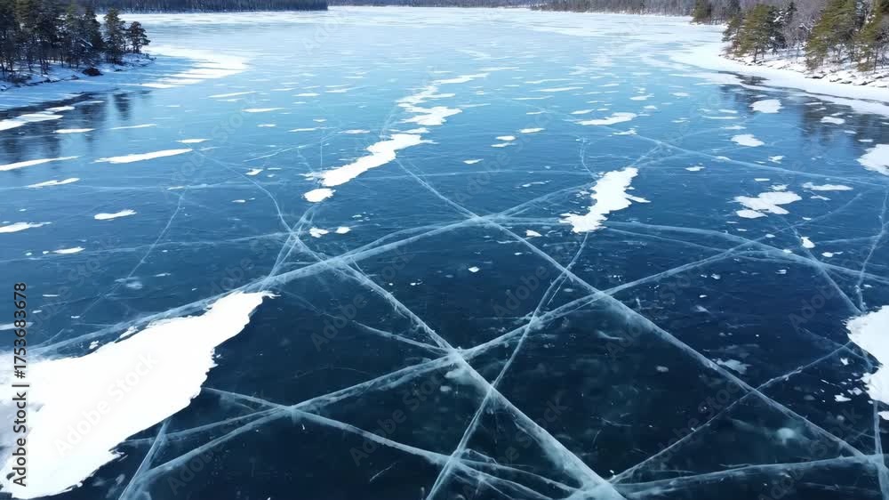 Poster high aerial view slowly rotating above a frozen lake displaying intricate geometric ice cracks and p