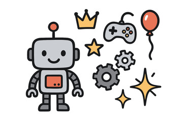 Friendly Robot Doodle Set. Robot battle doodle icon set: hand drawn icons of robot with smile, controller, crown, star, balloon,