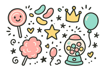 Cute Candy Doodle Icons. Candy kids fair doodle icon set: hand drawn icons of lollipop with smile, jellybeans, crown, star,