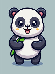 Cute cartoon panda character holding green bamboo with happy smile on soft blue background vector illustration