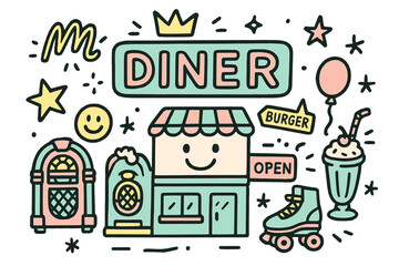 Retro Diner Delight. Retro diner illustration doodle style: hand drawn diner with smile, jukebox, crown, star, balloon, burger,