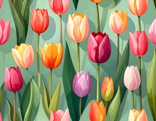 Watercolor pattern of various-colored tulips, green leaves, and stems