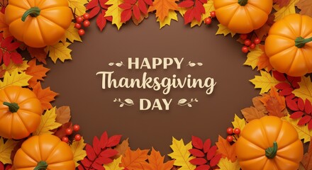 Top View Of Happy thanksgiving day text minimal background with dry fall leaves with copy space 