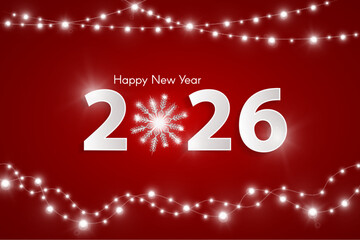 Red Happy New Year 2026 concept with silver snowflake and white garldnds. Christmas and Chinese New Year decor. New year card or sale concept. Vector illustration