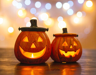 Halloween pumpkin heads with glowing eyes and smiles